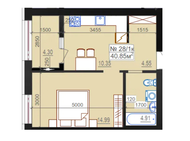 ЖК Миланж: планировка 1-комнатной квартиры 40.85 м²