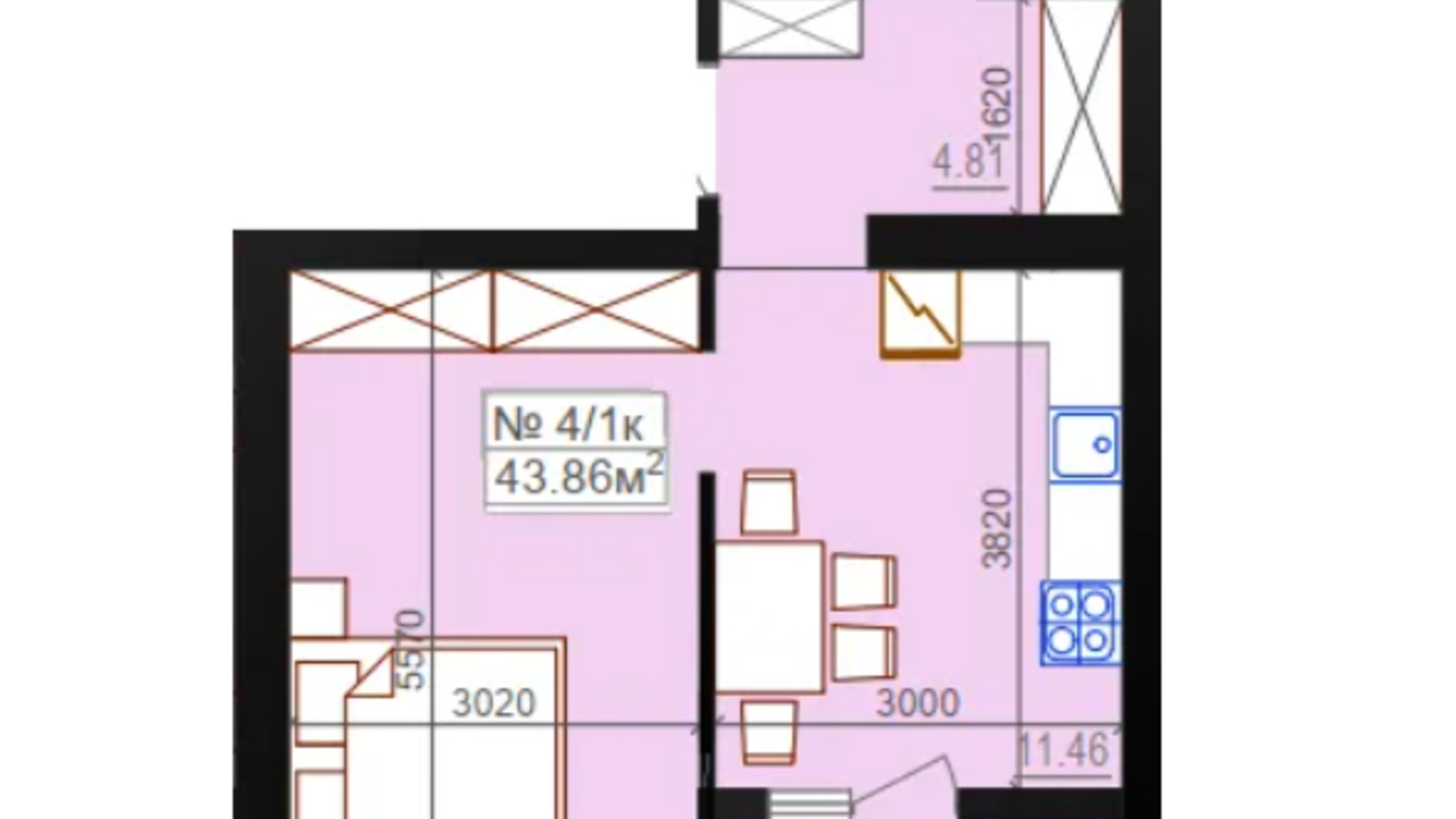 Планировка 1-комнатной квартиры в ЖК Миланж 43.86 м², фото 548246