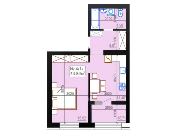 ЖК Миланж: планировка 1-комнатной квартиры 43.86 м²