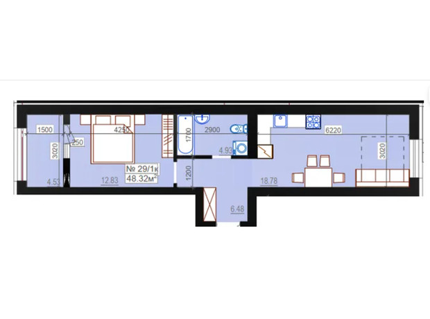 ЖК Миланж: планировка 1-комнатной квартиры 48.32 м²