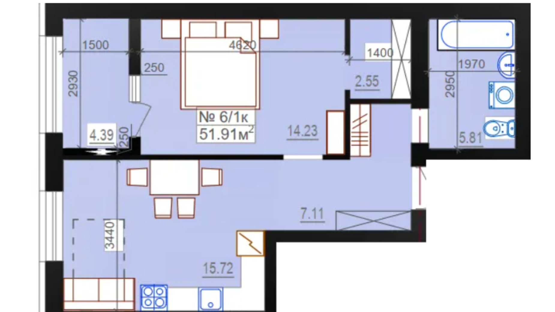 Планировка 1-комнатной квартиры в ЖК Миланж 51.91 м², фото 548248