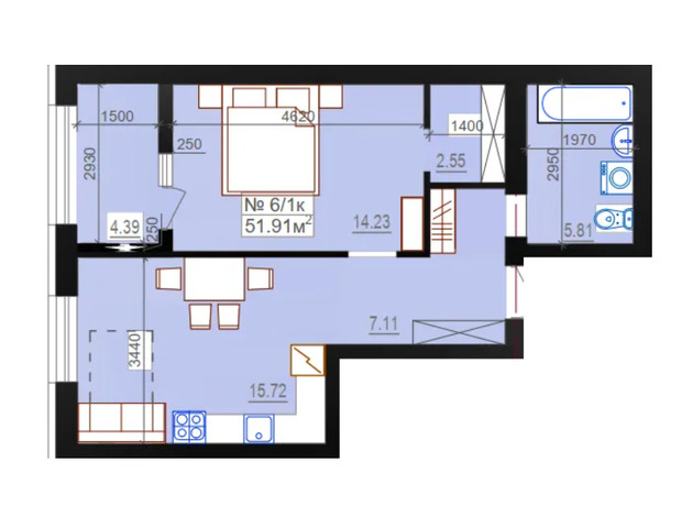 ЖК Міланж: планування 1-кімнатної квартири 51.91 м²