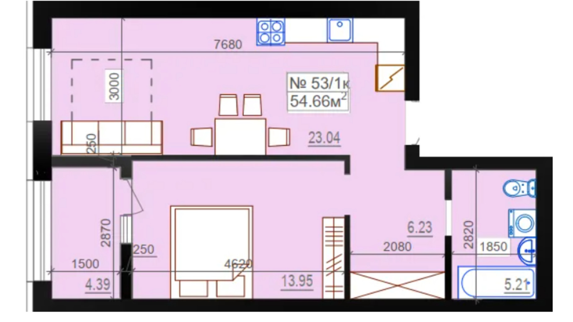 Планировка 1-комнатной квартиры в ЖК Миланж 54.66 м², фото 548249