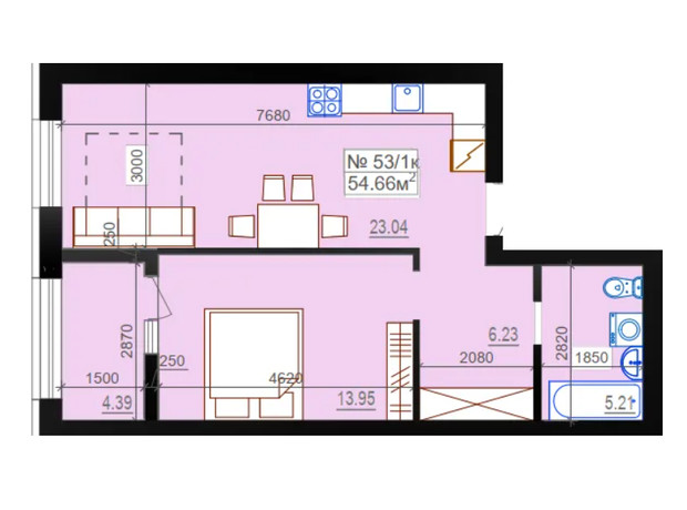 ЖК Міланж: планування 1-кімнатної квартири 54.66 м²