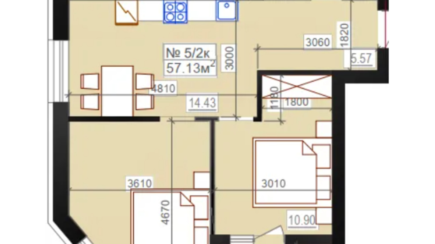 Планування 2-кімнатної квартири в ЖК Міланж 57.13 м², фото 548252
