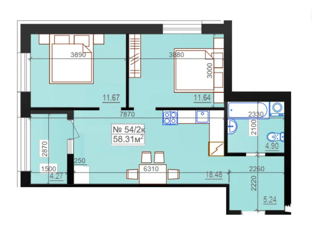 ЖК Міланж: планування 2-кімнатної квартири 58.31 м²