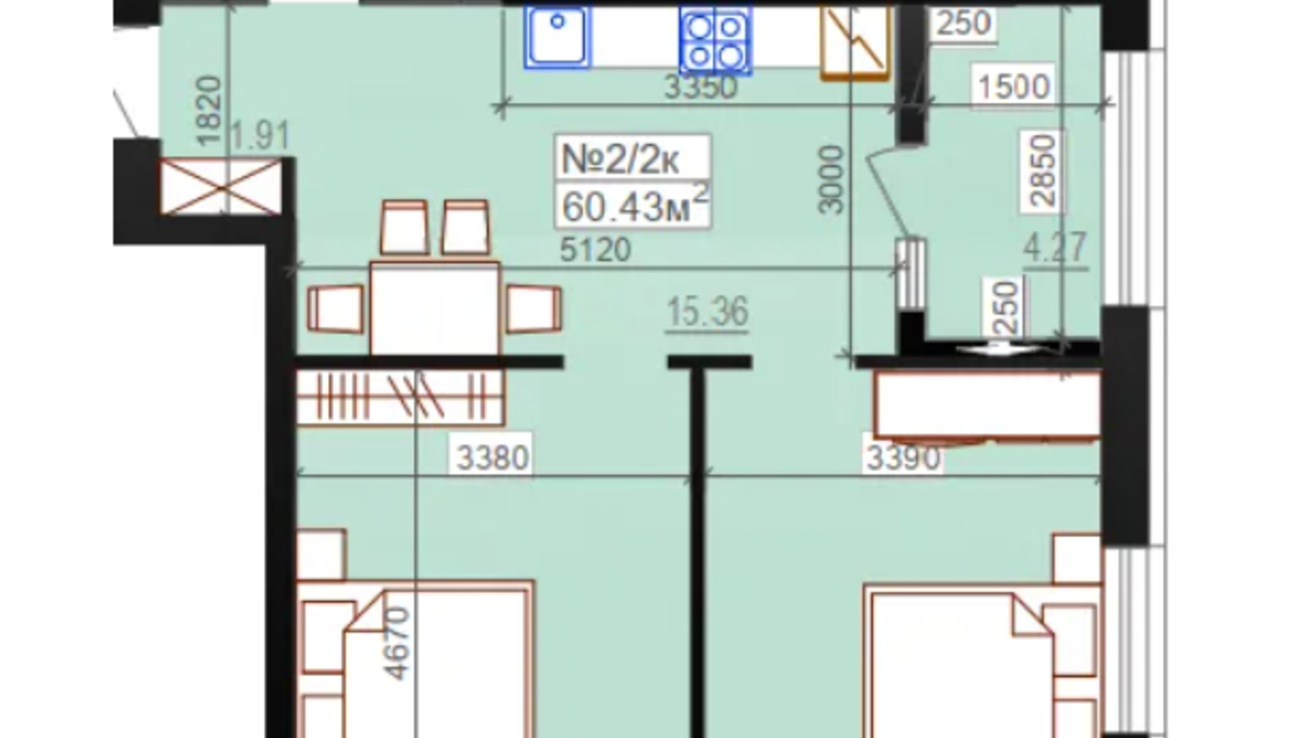 Планировка 2-комнатной квартиры в ЖК Миланж 60.43 м², фото 548254