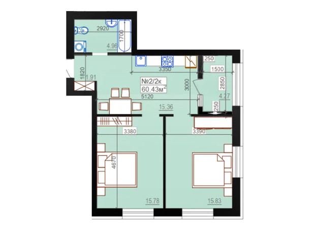 ЖК Миланж: планировка 2-комнатной квартиры 60.43 м²