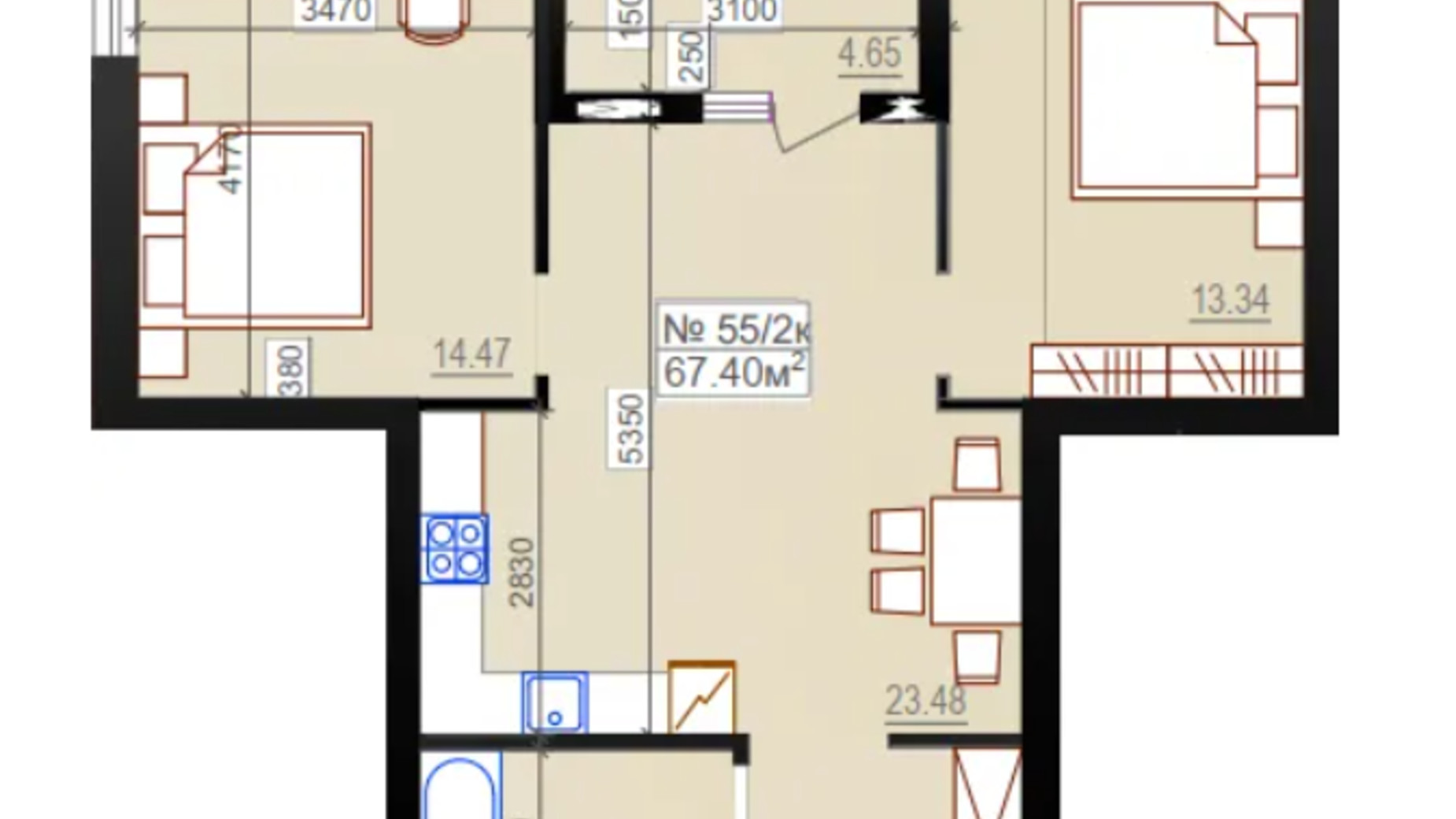 Планировка 2-комнатной квартиры в ЖК Миланж 67.4 м², фото 548255