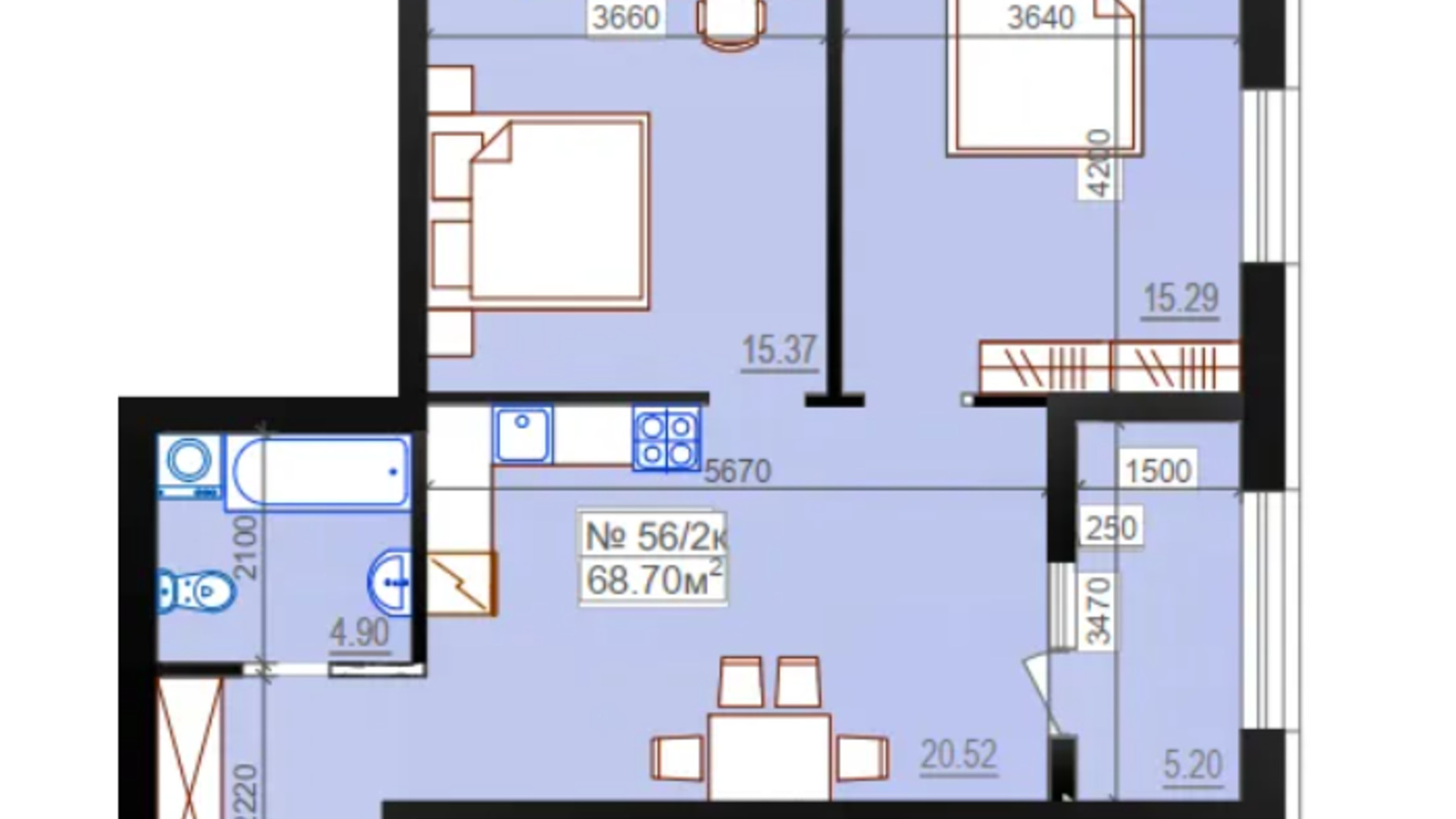 Планировка 2-комнатной квартиры в ЖК Миланж 68.7 м², фото 548256