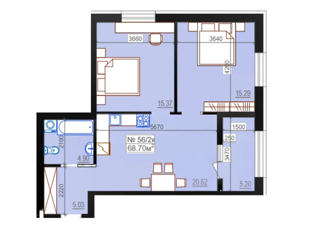 ЖК Міланж: планування 2-кімнатної квартири 68.7 м²