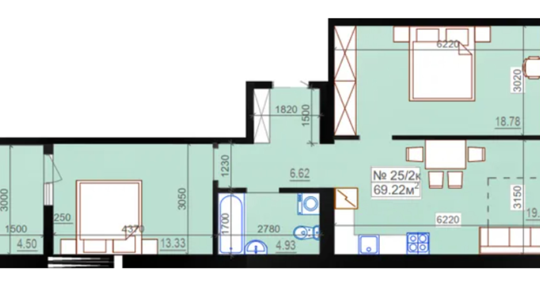 Планировка 2-комнатной квартиры в ЖК Миланж 69.22 м², фото 548257