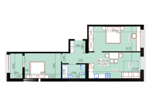 ЖК Миланж: планировка 2-комнатной квартиры 69.22 м²