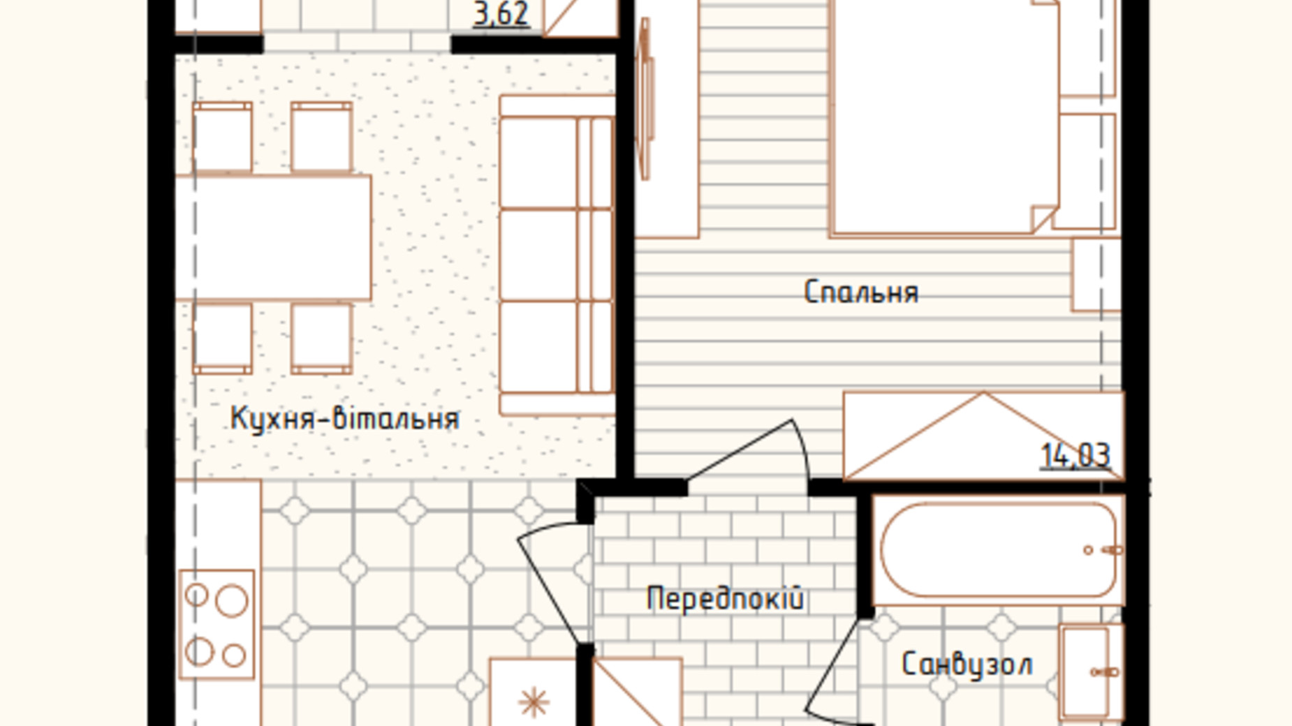 Планування 1-кімнатної квартири в ЖК Нова Англія 41.11 м², фото 548304