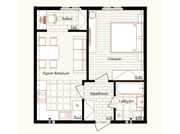 ЖК Новая Англия: планировка 1-комнатной квартиры 41.11 м²