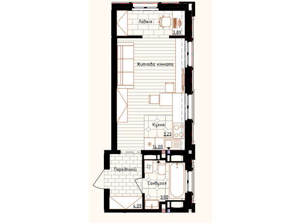 ЖК Новая Англия: планировка 1-комнатной квартиры 29.2 м²