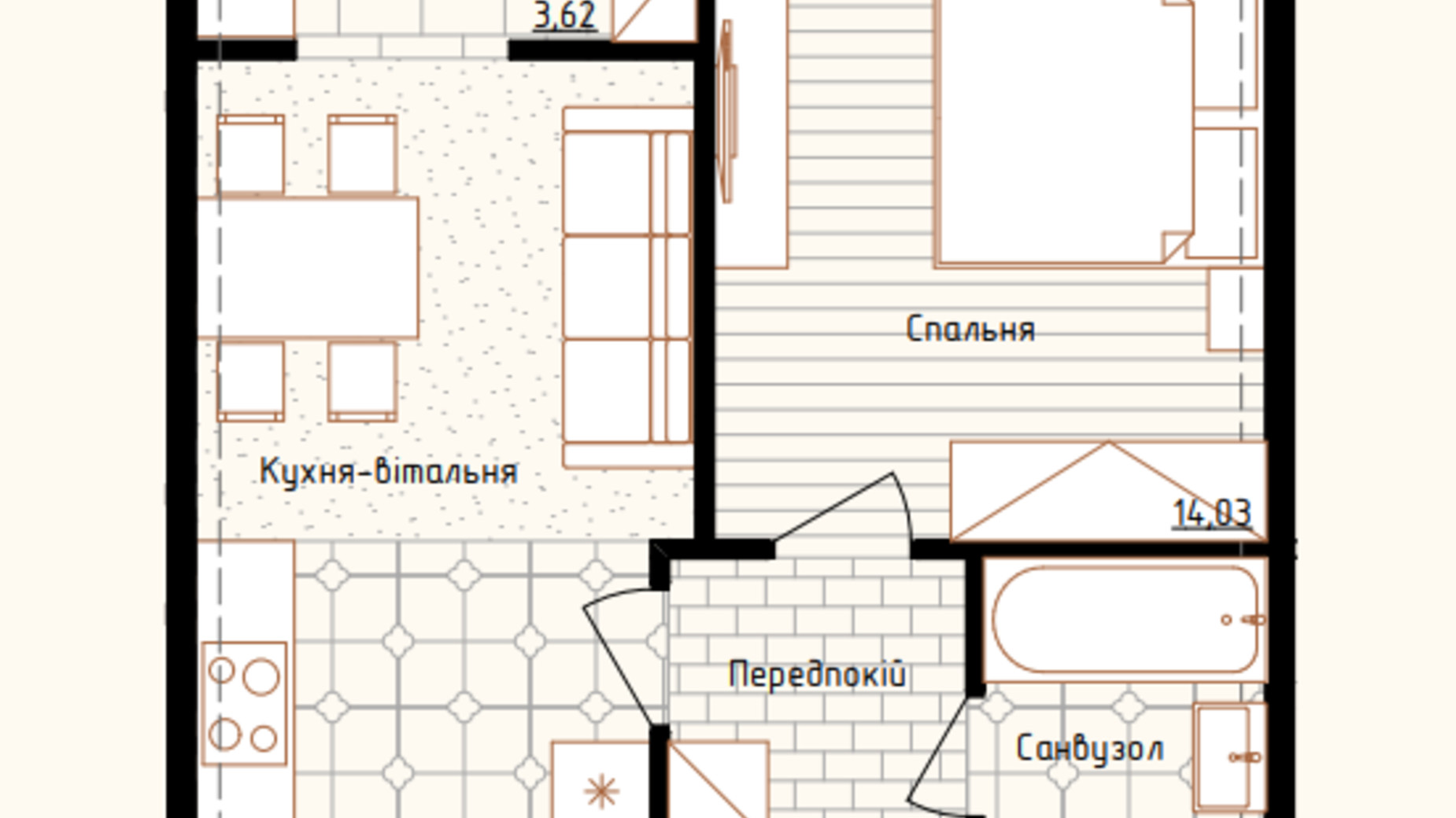 Планування 1-кімнатної квартири в ЖК Нова Англія 41.11 м², фото 548306