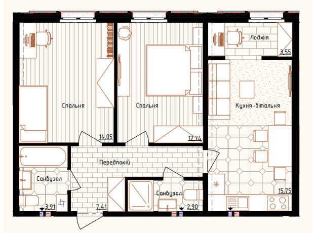 ЖК Новая Англия: планировка 2-комнатной квартиры 60.31 м²