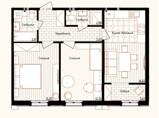 ЖК Новая Англия: планировка 2-комнатной квартиры 60.65 м²