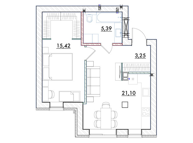 ЖК Desna Park Residence: планировка 1-комнатной квартиры 45.6 м²