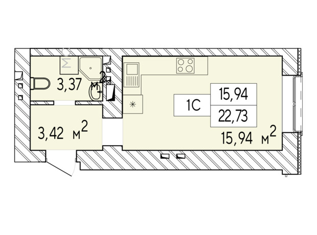 ЖК Фаворит Premium: планування 1-кімнатної квартири 22.73 м²