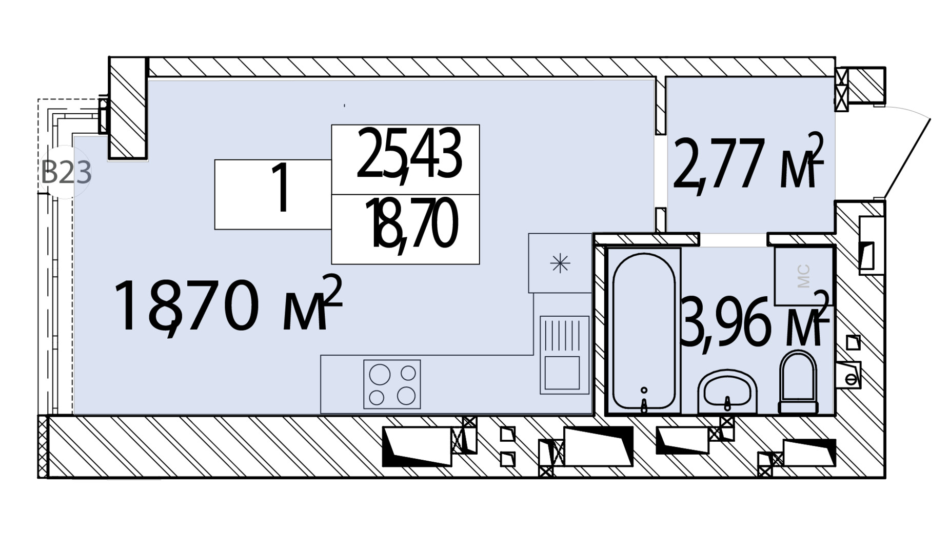 Планировка квартиры студии в ЖК Фаворит Premium 25.43 м², фото 548418