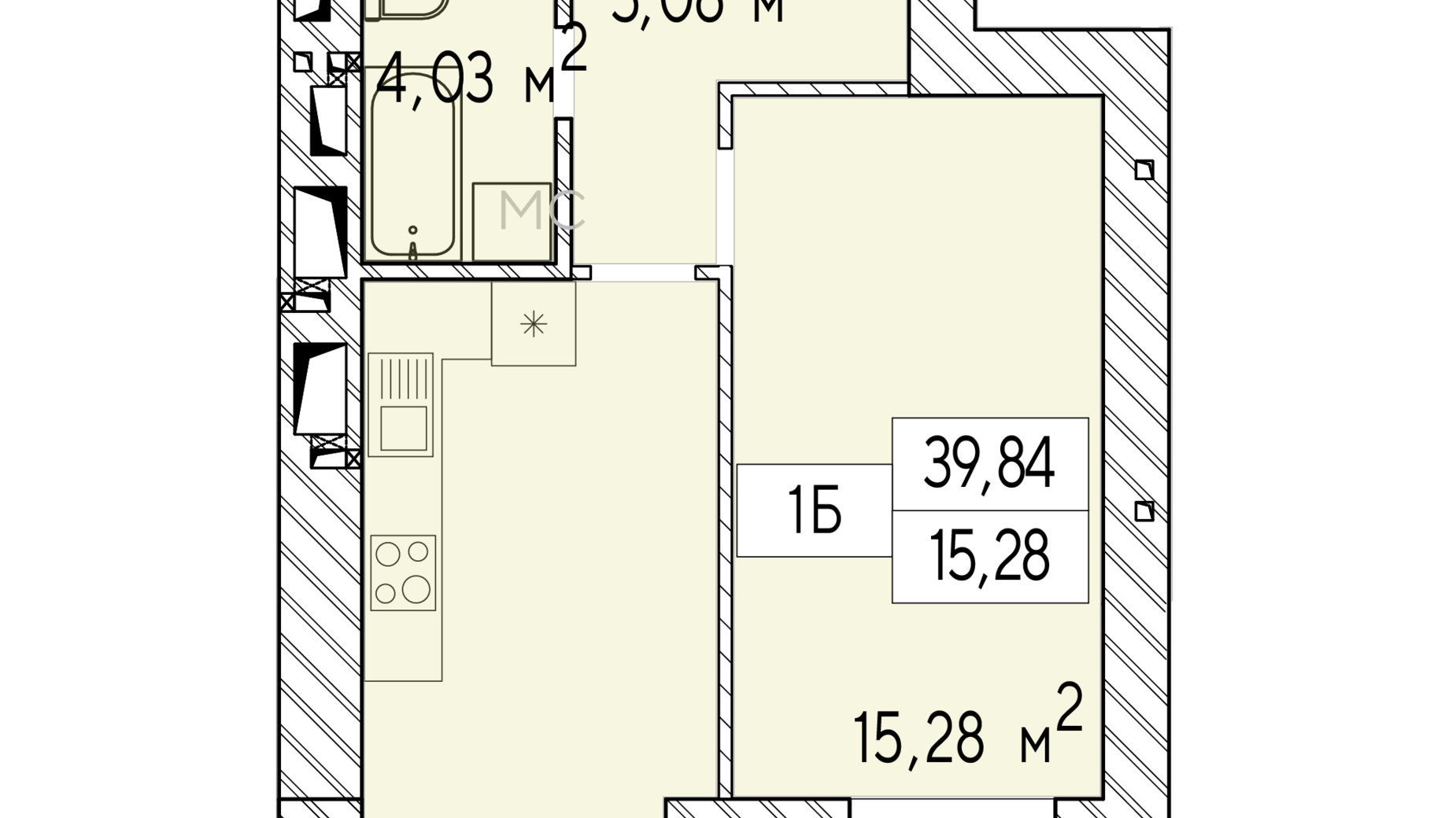Планировка 1-комнатной квартиры в ЖК Фаворит Premium 39.84 м², фото 548419