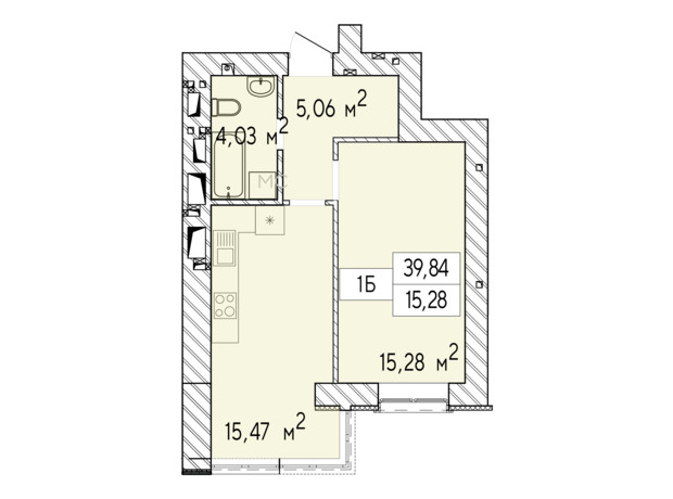 ЖК Фаворит Premium: планування 1-кімнатної квартири 39.84 м²