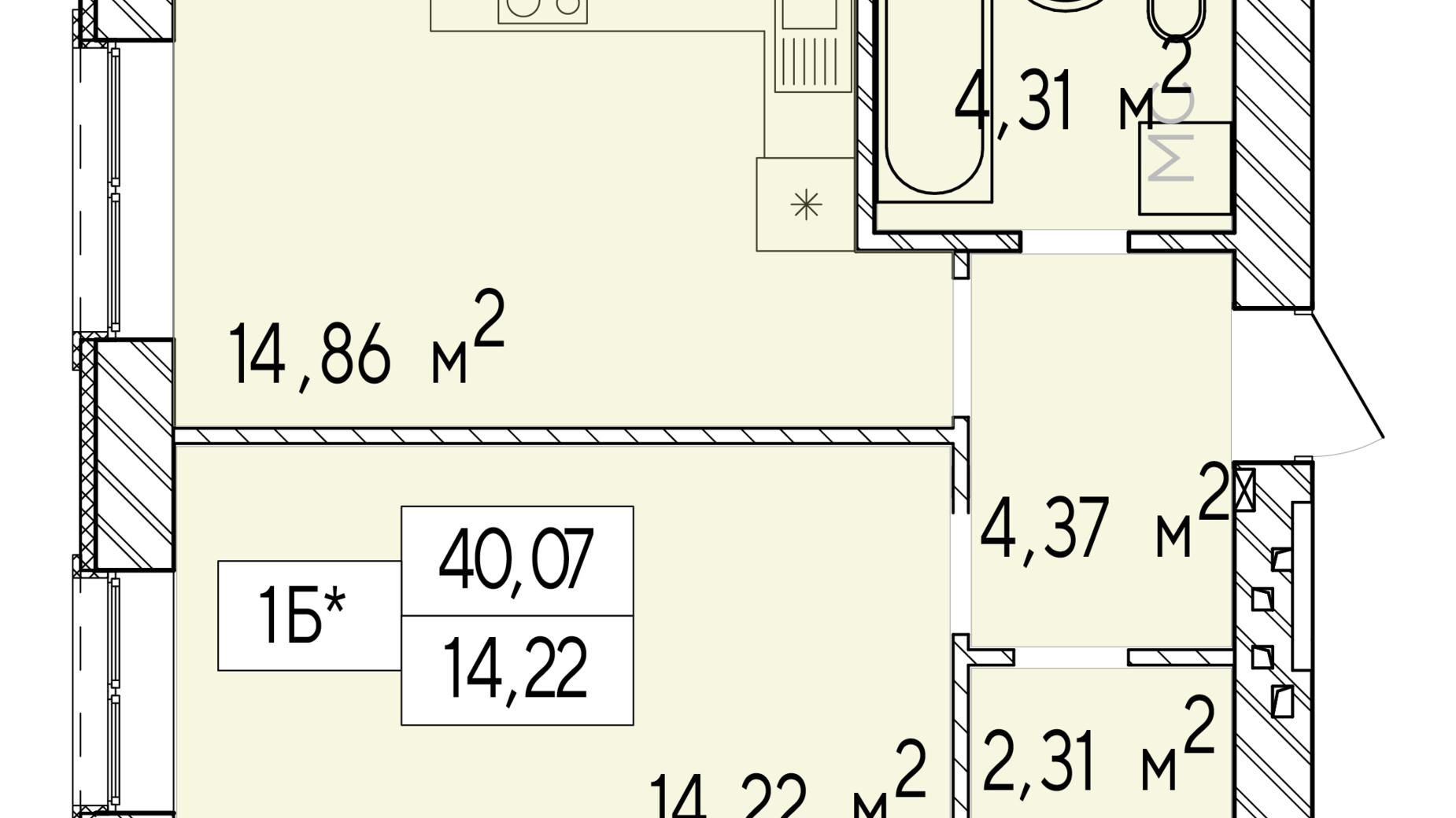 Планування 1-кімнатної квартири в ЖК Фаворит Premium 40.07 м², фото 548420