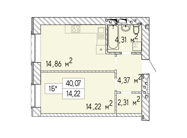 ЖК Фаворит Premium: планировка 1-комнатной квартиры 40.07 м²