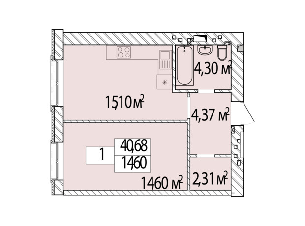 ЖК Фаворит Premium: планування 1-кімнатної квартири 40.68 м²