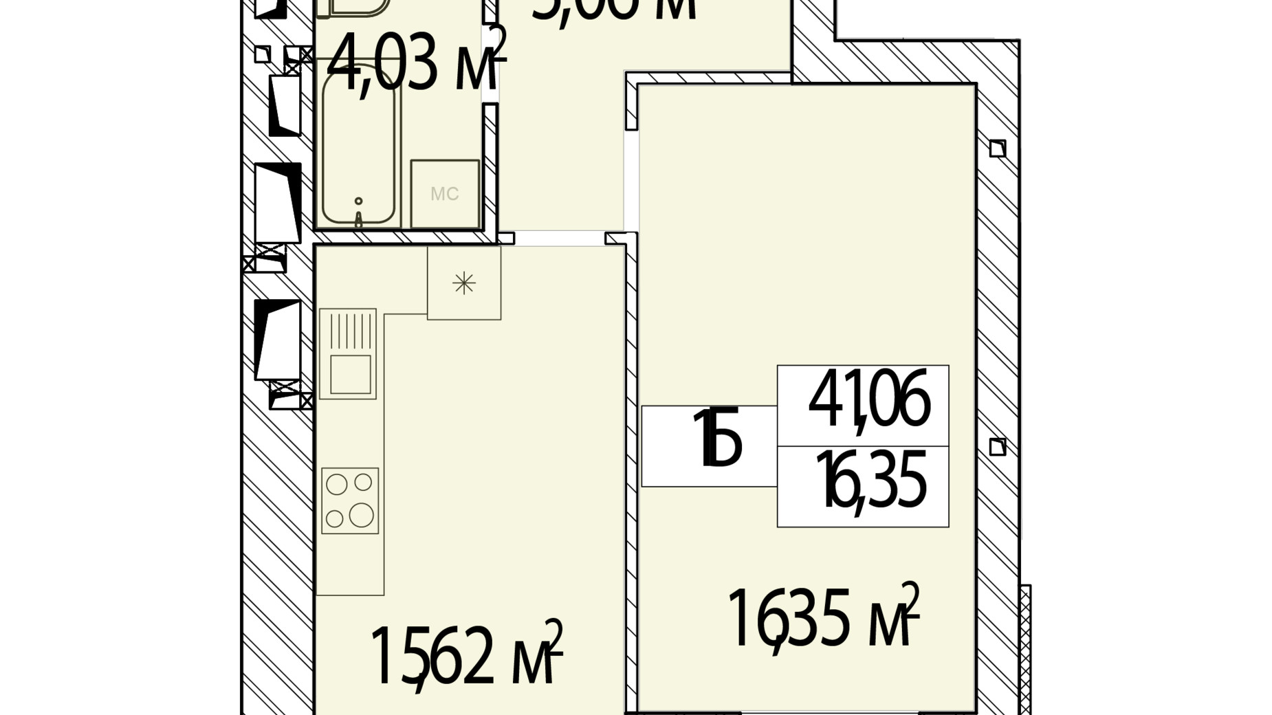 Планировка 1-комнатной квартиры в ЖК Фаворит Premium 41.06 м², фото 548422