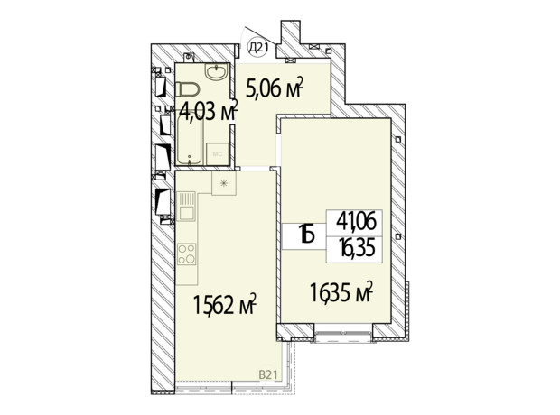 ЖК Фаворит Premium: планировка 1-комнатной квартиры 41.06 м²