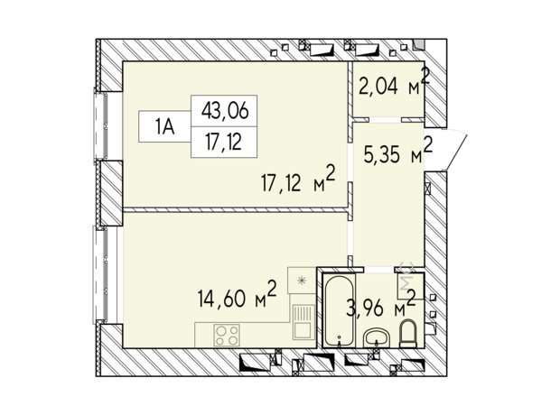 ЖК Фаворит Premium: планировка 1-комнатной квартиры 43.06 м²
