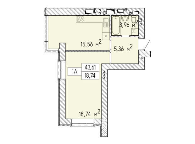 ЖК Фаворит Premium: планування 1-кімнатної квартири 43.61 м²