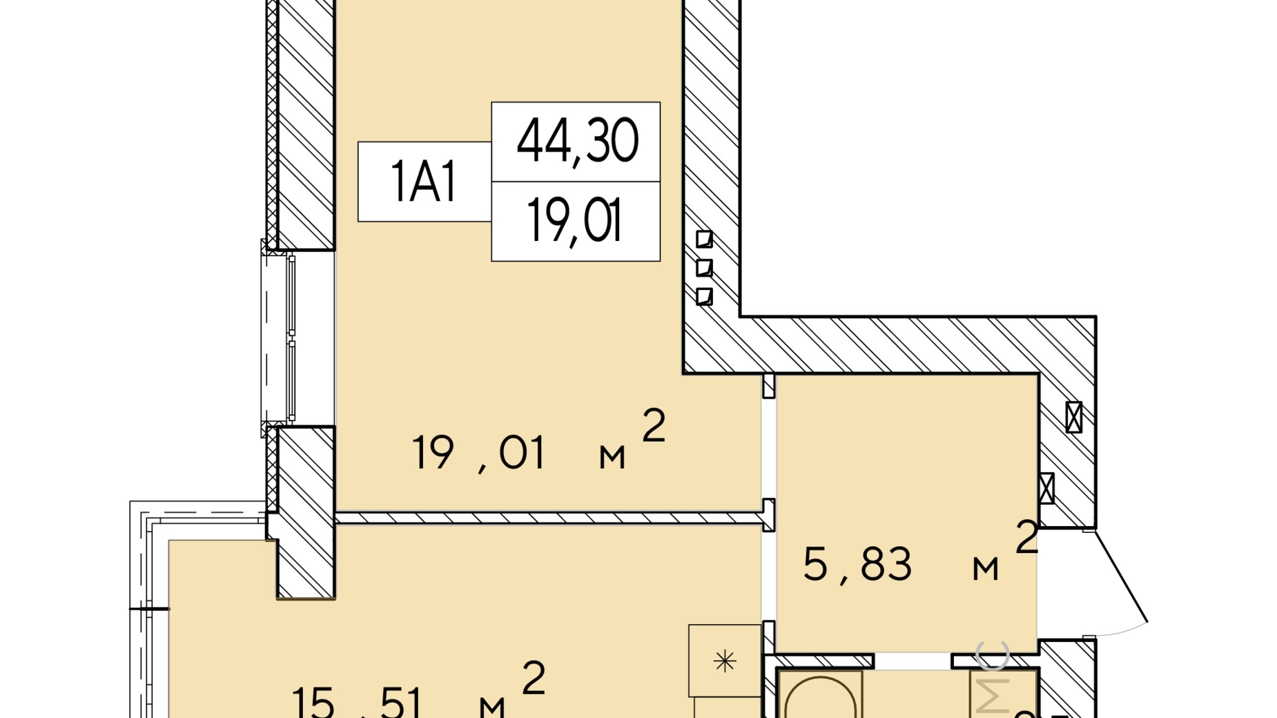 Планування 1-кімнатної квартири в ЖК Фаворит Premium 44.3 м², фото 548426