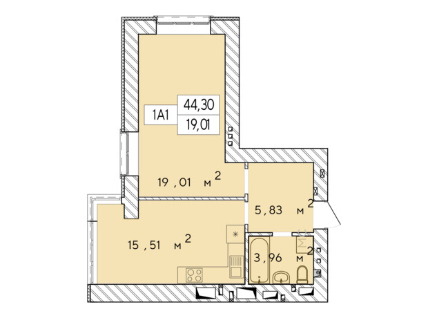 ЖК Фаворит Premium: планування 1-кімнатної квартири 44.3 м²