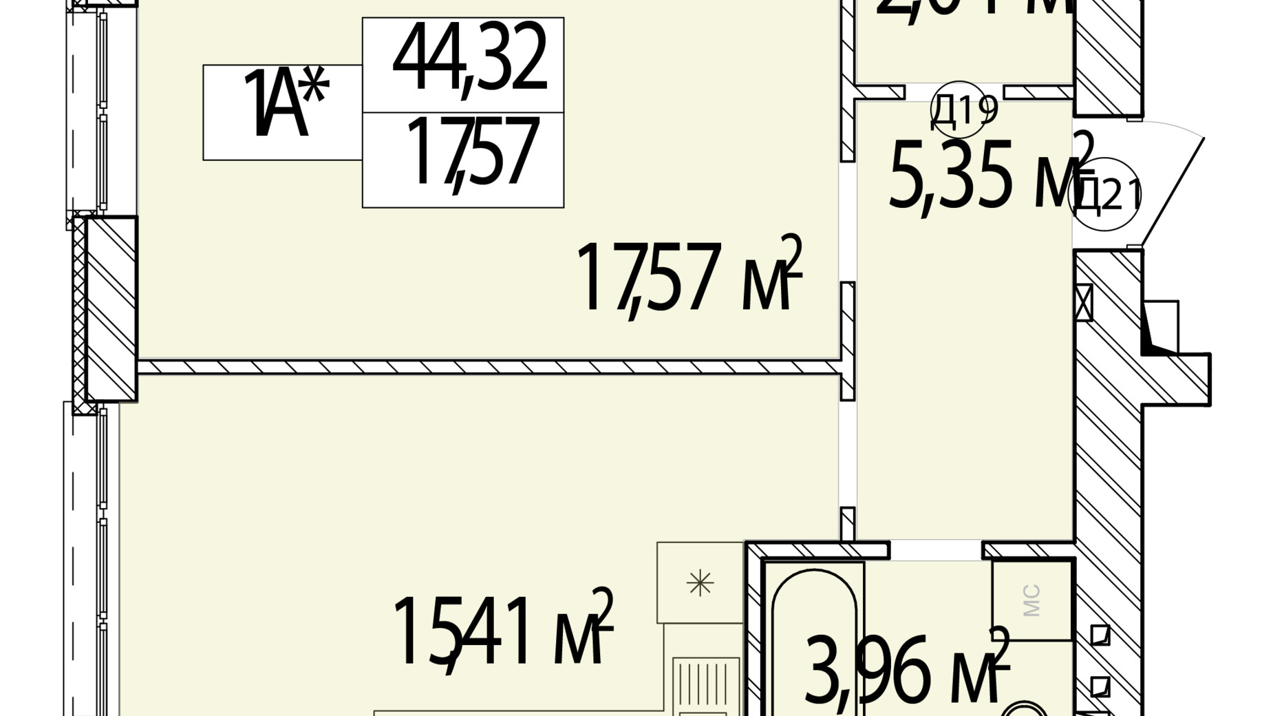 Планировка 1-комнатной квартиры в ЖК Фаворит Premium 44.32 м², фото 548427