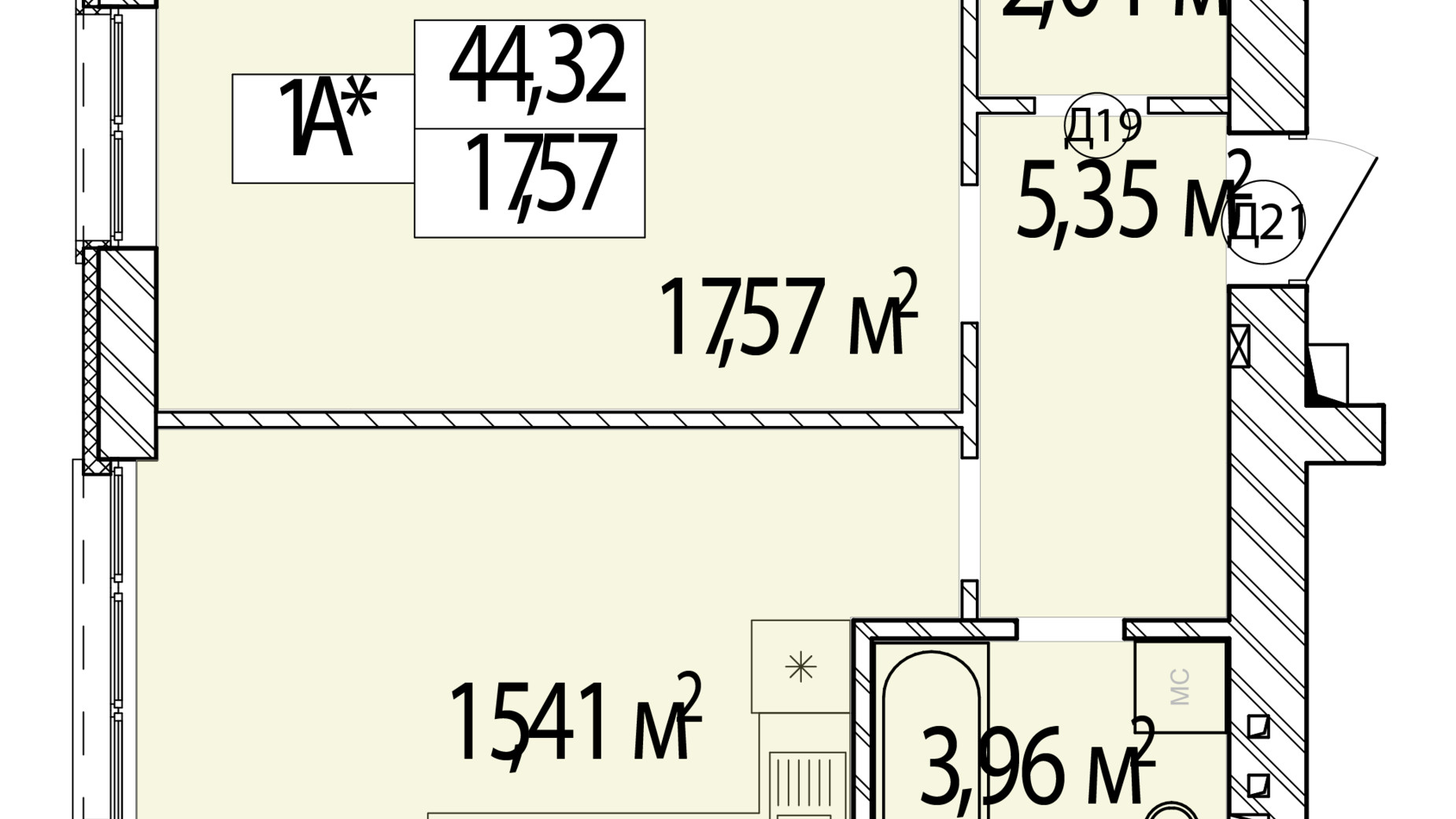 Планування 1-кімнатної квартири в ЖК Фаворит Premium 44.32 м², фото 548427