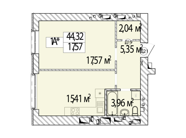 ЖК Фаворит Premium: планировка 1-комнатной квартиры 44.32 м²