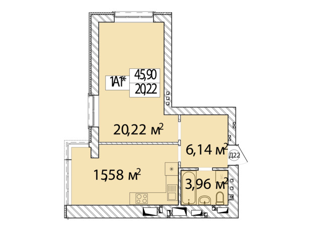 ЖК Фаворит Premium: планировка 1-комнатной квартиры 45.9 м²