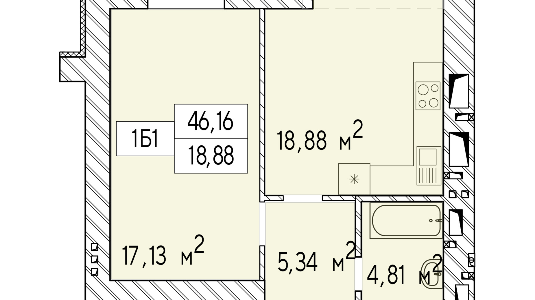 Планування 1-кімнатної квартири в ЖК Фаворит Premium 46.16 м², фото 548429