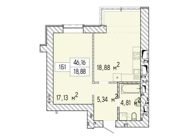 ЖК Фаворит Premium: планування 1-кімнатної квартири 46.16 м²