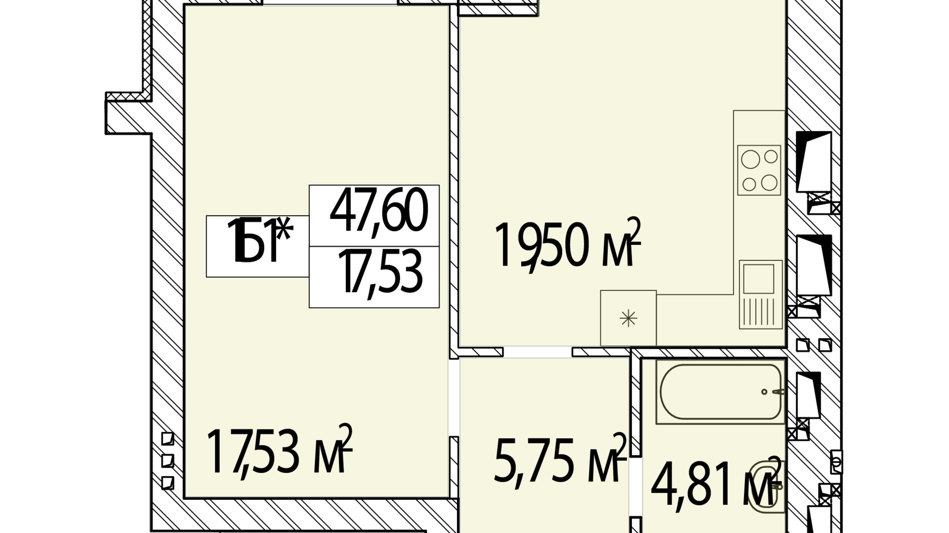 Планировка 1-комнатной квартиры в ЖК Фаворит Premium 47.6 м², фото 548451