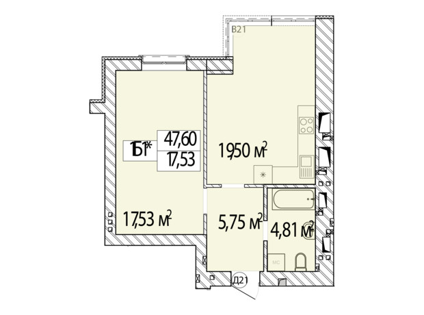 ЖК Фаворит Premium: планировка 1-комнатной квартиры 47.6 м²