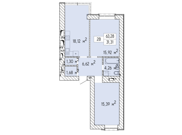 ЖК Фаворит Premium: планування 2-кімнатної квартири 63.28 м²
