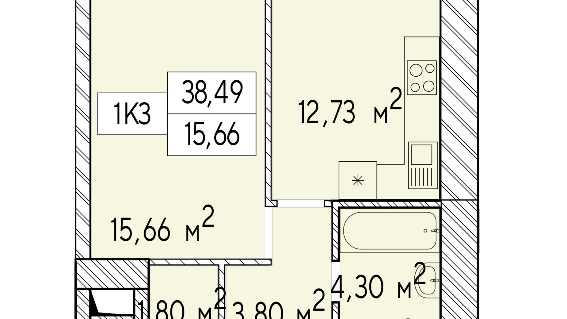 Планировка 1-комнатной квартиры в ЖК Фаворит Premium 38.49 м², фото 548457