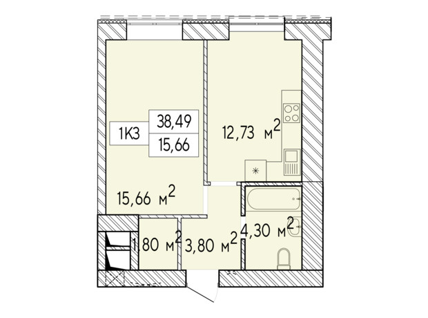 ЖК Фаворит Premium: планування 1-кімнатної квартири 38.49 м²