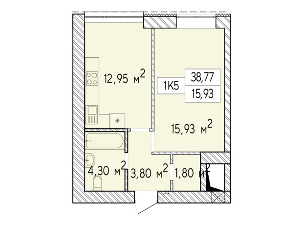 ЖК Фаворит Premium: планировка 1-комнатной квартиры 38.77 м²