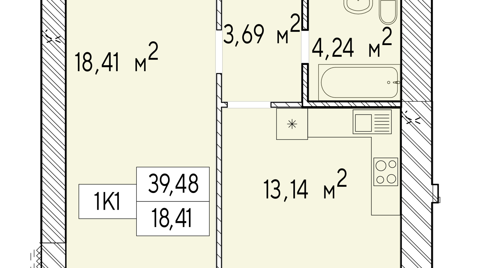 Планировка 1-комнатной квартиры в ЖК Фаворит Premium 39.48 м², фото 548459
